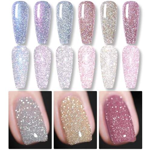 BORN PRETTY Reflective Glitter Gel Nail Polish Set 6 Iridescent Colours Sparkly Shiny Gel Polish U V LED Disco DJ Nail Gift Set for Women