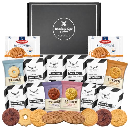Coffee Gift Set Bundle With x8 Paddy and Scotts Coffee Bags x2 Jumbo Stroopwafels and Border Biscuits Individually Wrapped - Women and Mens Hampers Gift Sets