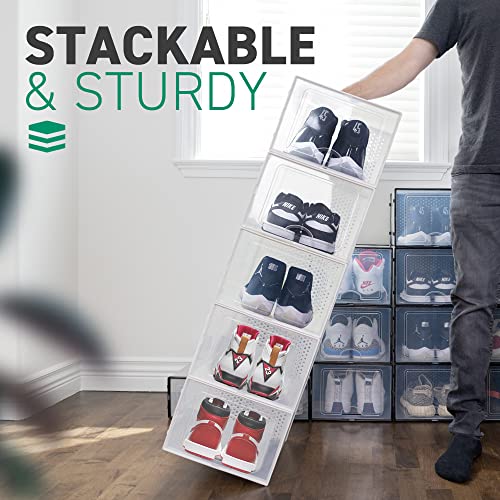 OLLIE Drop Front Soft Plastic Shoe Box - Fits Up to Size 9 Mens - Storage Box Organizer, Shoe Boxes Clear Plastic, Stackable Storage Containers, Shoes Organizer Storage (Pack of 24) (Medium, Clear)