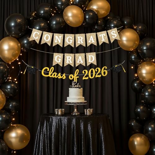 Image of 2026 Graduation Banner,Congrats Grad and Class of 2026 Cap Banner Set White Gold Black Glitter Grad Decorations for Senior 2026 Party, Graduation Sign Party Backdrop Supplies