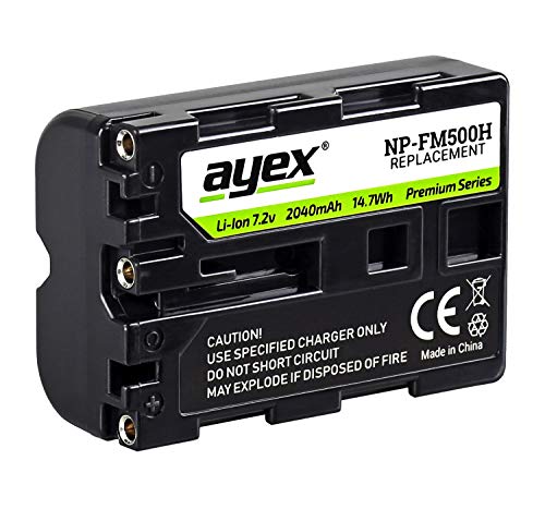 2 x ayex NP-FM500H, Qualitativer Premium-Akku, Kompatibel mit z.B. Sony Alpha SLT-A99 II A99 A77 A100 A500 A560 A700 A850 A900 - Leistungsstark für längere Laufzeit, Inkl. Infochip, 2040mAh Cover