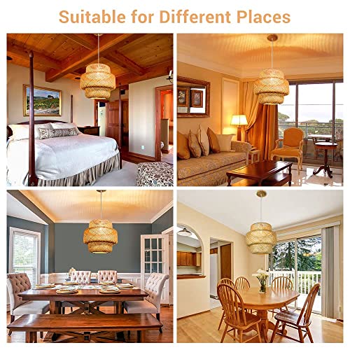 Qwoo Rattan Light Fixture Wicker Bamboo Pendant Lights With Dimmable Switch/Led Bulb Boho Woven Ceiling Lamp Shade Weave Chandelier Hanging For Kitchen Dining Room Study Bedroom Beige 20 Inch #TOP5