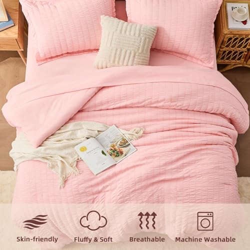 FUANNA Pink Seersucker 7-Piece Full Comforter Set for Girls #TOP2