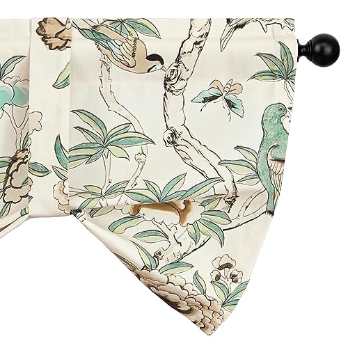 Leeva Tie-up Window Valance Curtain for Study Room, Linen Energy Saving Bird Printed Floral Pattern Rod Pocket Small Curtains for Bedroom Dining Room, 52 x 18 Inches, Beige, One Panel