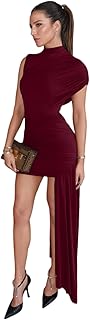 Women’s Elegant Irregular Ruched Mini Dress Flowy Ribbon Bodycon Cocktail Dress Sexy Pleated Formal Dresses