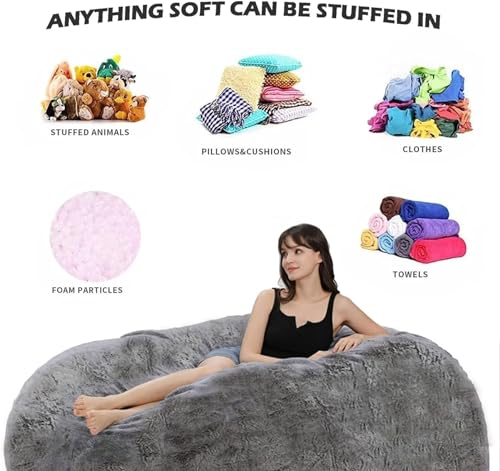 Bean Bag Chair Oversized Adult Plush Bean Bag Chair Cover Fluffy Faux Fur Washable DIY Soft Storage Seat for Reading, Gaming, Lounging, No fillers, Light Gray,6FT by BWCXR - Image 4