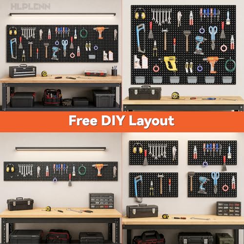 Hlplenn Metal Peg Board 6Pcs, 48"x36" Pegboard Wall Organizer with 140Pcs 1/4" Pegboard Hooks & Accessories, Steel Pegboard Tool Storage System for Garage Workshop Shed, Black - Image 5