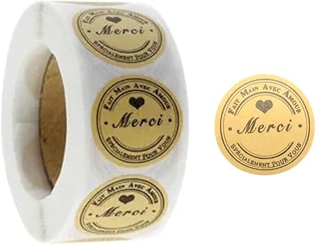 500pcs/roll Kraft French Merci Stickers,Business Sticker Adhesive, Thank You Labels for Small Business Gifts