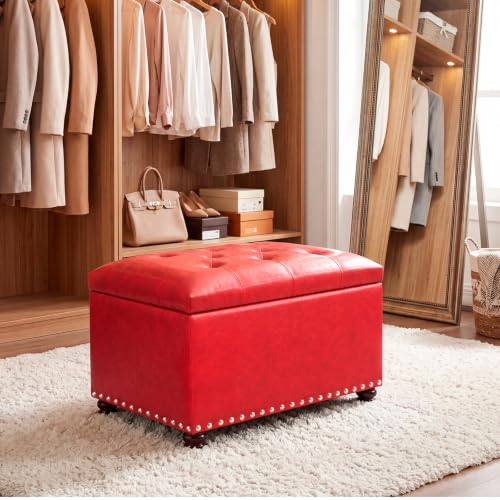 Image of Joveco Leather Storage Ottoman, 24 inch Rectangle Square Bench Foot Rest Stool for Bedroom Living Room, Red
