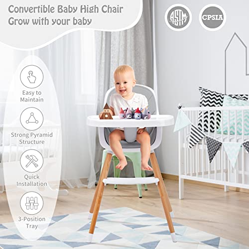 Babevy Convertible Baby High Chair, 4 In 1 Wooden Highchair/Booster/Chair With 2 Removable Tray, Adjustable Legs, 5-Point Harness, Detachable Pu Cushion, And Footrest For Baby, Infants, Toddlers #TOP6