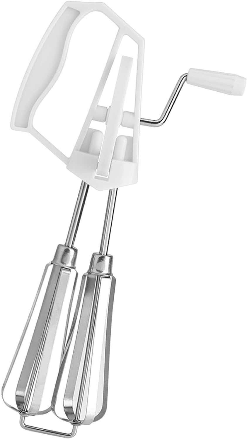 Egg Beater Hand Crank, Stainless Steel Manual Egg Whisk Mixer Handheld Rotary Hand Whip Kitchen Cooking Tool for Whisking Frothing Mixing (White)