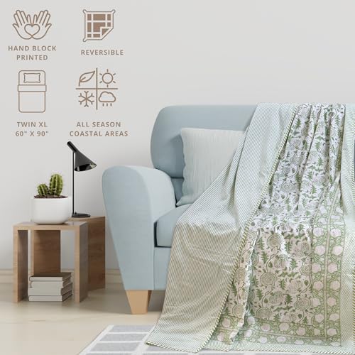 Image of TOAIArt Premium Jaipuri Dohar | AC Blanket Summer Quilt | Hand Block Printed | 3 Layers | Reversible | 150GSM 100% Mulmul Cotton | 100% Cotton Flannel Filling | Single 60 inch X 90 inch |Green Kalamkari