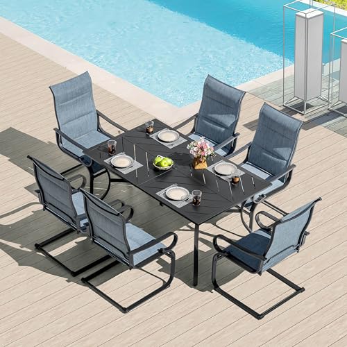 Image of NUU GARDEN 7-Piece Outdoor Patio Dining Set with 6 Padded Textilene C-Spring Chairs and 61 x 37 Inch Table with 1.8 Inch Umbrella Hole for Patio Deck Garden Backyard Indoor Outdoor Use Black Blue