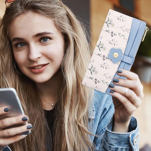 Image of Farcauo Long Floral Womens Wallet Cute Wallets for Women Blue Women's Wallet Kawaii Flower Card Wallets for Women Ladies
