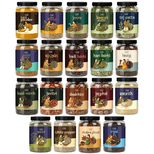 Image of LILA DRY FRUITS Masala Combo Dhania Saunf Tej Patta Sonth Kasuri Methi Haldi Rai Ajwain Methi Dana Safed Mirch Donda Javitri Jaiphal Jeera Kali Mirch Laung Elaichi Dalchini Chakri Phool 100 G Each