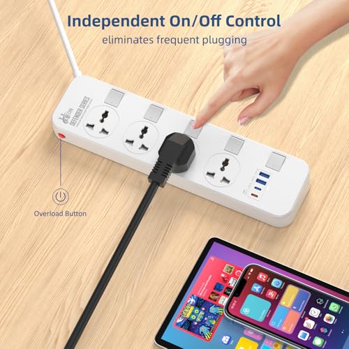 Image of Hoteon Extension Board with USB Slots, 2500W /10A Individual Switch Power Strip, 4 Way Outlets 2 Type C & 2 USB A Ports, Universal Spike Guard Sockets with Safety Shutter, 5Mtr Cable (3 Pin White)