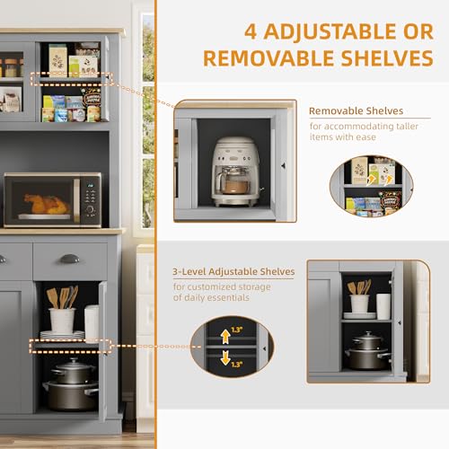 Image of 71 inch Kitchen Hutch with Charging Station Grey