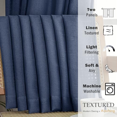 Aiyufeng Navy Blue 72 Inch Faux Linen Curtains Pinch Pleated 2 Panels for Dining Room Bedroom, Semi Sheer Pleat Drapes with Hooks Rings Light Filtering Modern Short Window Curtain, Navy Blue, W42xL72 - Image 6