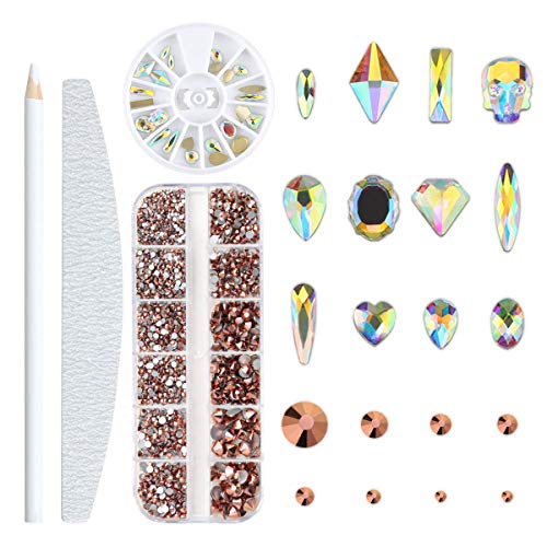 2600 Pieces Round Glass flatback Nail Rhinestones With Nail File Pick Up Pen And Crystals Gems,Mix 7 Sizes Flat Back Crystal Stones For Nails Art Decoration DIY Crafts Clothes Shoes（Gold Rose）