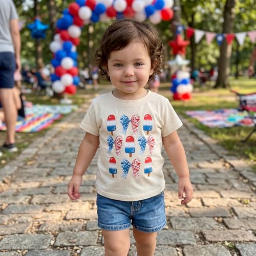 Image of Kids Toddler Girls 4th of July T-Shirt Short Sleeve Patriotic Coquette Bow American Flag Independence Day Top
