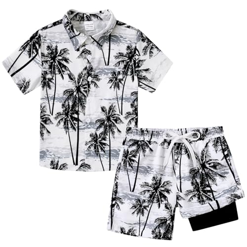 Image of UNICOMIDEA Boys Hawaiian Outfits Tropical Print Button Down Shirt + Swim Trunks 2 Piece Sets for 5-12T Kids