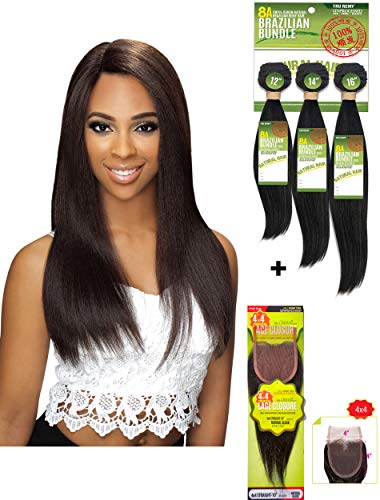 EVE HAIR 3 Pieces Bundles Hair with Closure Grade 8A 100% Unprocessed Virgin Brazilian Remy Hair Bundle - Straight - Natural Color - 10 12 14 inches with 10 inch Lace Closure Free Part