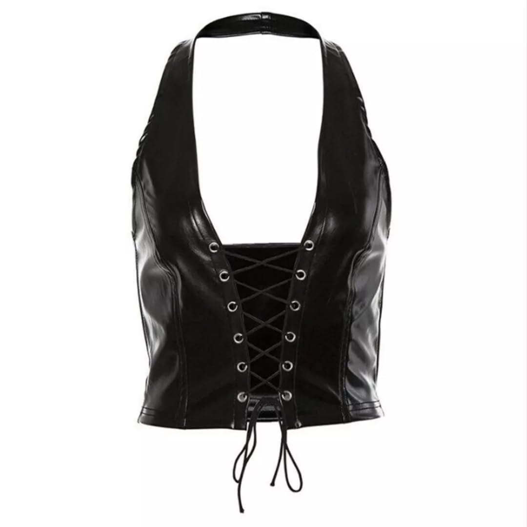 KFLY Débardeur corset sexy en cuir - Col en V profond - Pour femme - Y2k - Style gothique - PU - Haut ventre nu - Clubwear