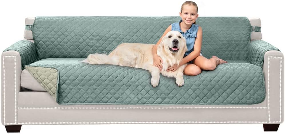 Sofa Shield Couch Slip Cover with Patented Strap, Cushion Protector, Reversible Stain and Dog Tear Resistant Slipcover, Quilted Microfiber 78in Seat, Washable Covers for Dogs Pets Kids, Seafoam Cream