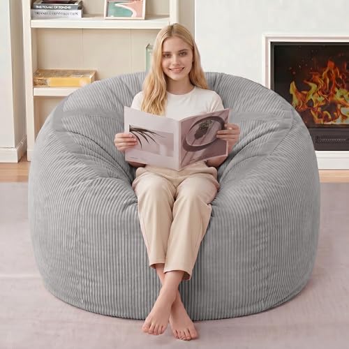 Image of 3FT Bean Bag Chair 3'Big Bean Bag Chairs with Adults, Large Beanbag Chair | Bean bags with Machine Washable Cover Corduroy Fabric, Comfy Chairs for Living Room, Bedroom, Dorm, Lightgrey