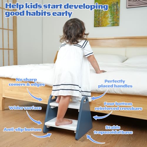 Toddler Step Stool, Wooden Step Stools for Kids, Kids Potty Training Stool with Handles, Rounded Corners Child Stepping Stool for Bathroom Sink, Kitchen, Bedroom (Blue) — view 6