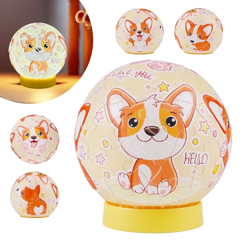 EduSport 3D Puzzle Ball Nightlight for Kids Ages 6-12, Corgi Puzzle 61 Piece Christmas Brithday Gifts for Kids, Corgi Gifts for Corgi Lovers