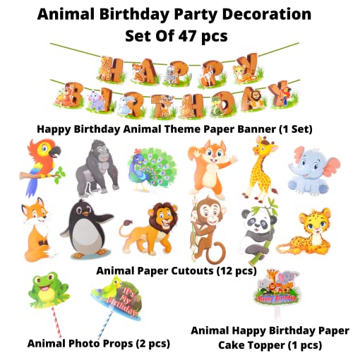Image of Party Decorz Animal /Jungle /Safari Theme Birthday Decoration Set Of 47 pcs(1pcs Happy Birthday Banner +12pcs Paper Cutout +2pcs Props +1pcs Cake Topper +1pcs Curtain +30pcs Balloons)