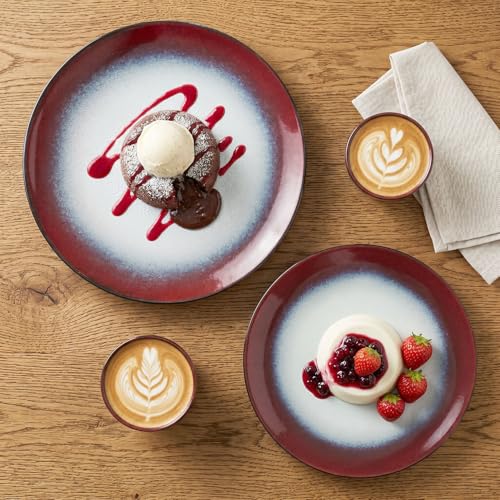 Image of Ceramic dinnerware set, 16 pieces, serving size 4, modern style, includes salad plate and cereal bowl, microwave and dishwasher safe. Ink Red