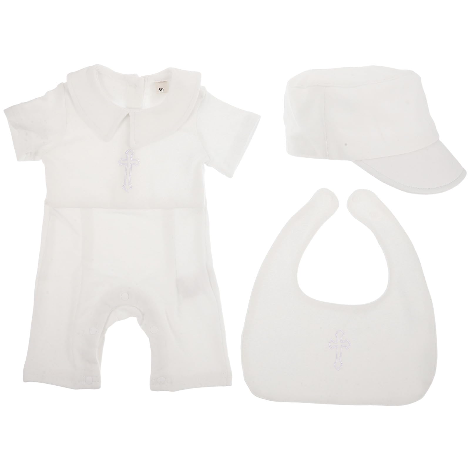 Operitacx 1 Set Completo Battesimo Neonato Maschio - Tutina bianca a maniche corte per la Cerimonia del Battesimo - Set di abbigliamento formale per neonato con bavaglino e cappellino, taglia 59 cm
