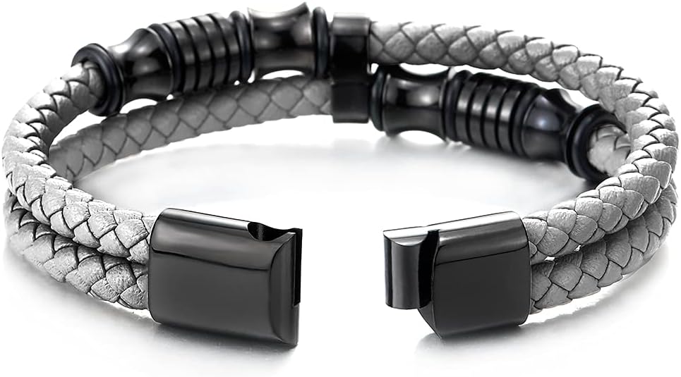 COOLSTEELANDBEYOND Men's Double Strand Braided Leather Bracelet, Black Stainless Steel Industrial Bead Bangle, Rugged Grey Woven Jewelry, Urban Casual Accessory, Gift for Him image 3