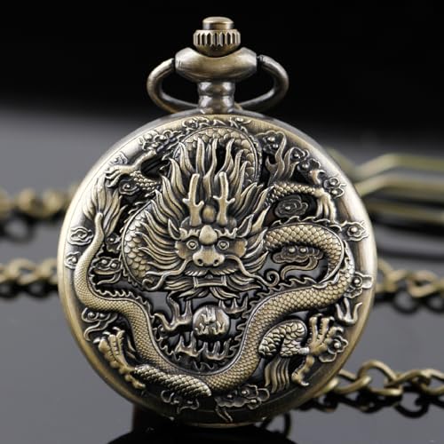 Image of Dragon Design Quartz Pocket Watch Roman Numerals with Chain Birthdays Gifts for Father's Days