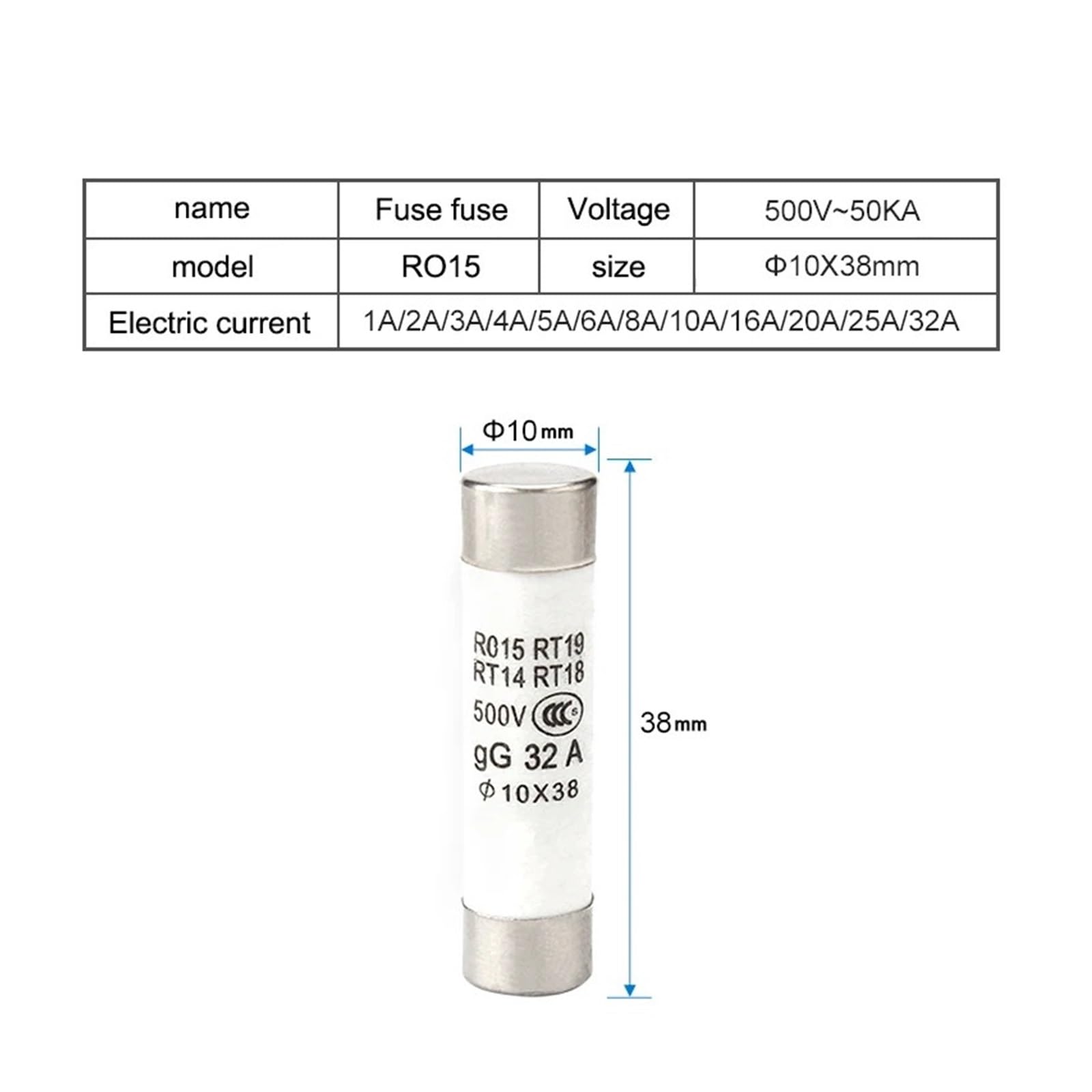 Fusibile del tubo ceramico, Fusibili Ceramici Ad Interruzione Rapida Confezione Da 10 Pz 10x38mm 500V 1A-32A Assortimento RO15 RT19 RT14 RT18(3a)