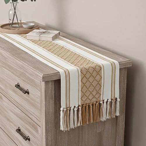 Image of Curated Cart Boho Table Runner 13x70 Inch with Tassels - Cotton Table Runner for 6 Seater Dining Table, Centre Table Runner for Living Room, Farmhouse Dining Table Decor (Brown)