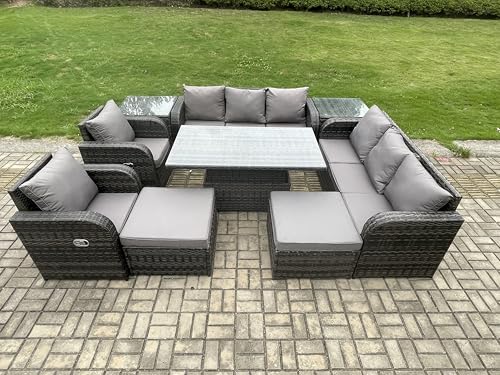 Image of FMSGarden Rattan Outdoor Garden Furniture Sets Height Adjustable Rising lifting Dining Table Reclining Chair Sofa Set with 2 Side Tables 2 Big Footstools Dark Grey Mixed
