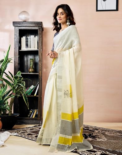 Image of SIRIL Women's Printed Cotton Linen One Minute Ready to Wear Saree With Unstitched Blouse Piece