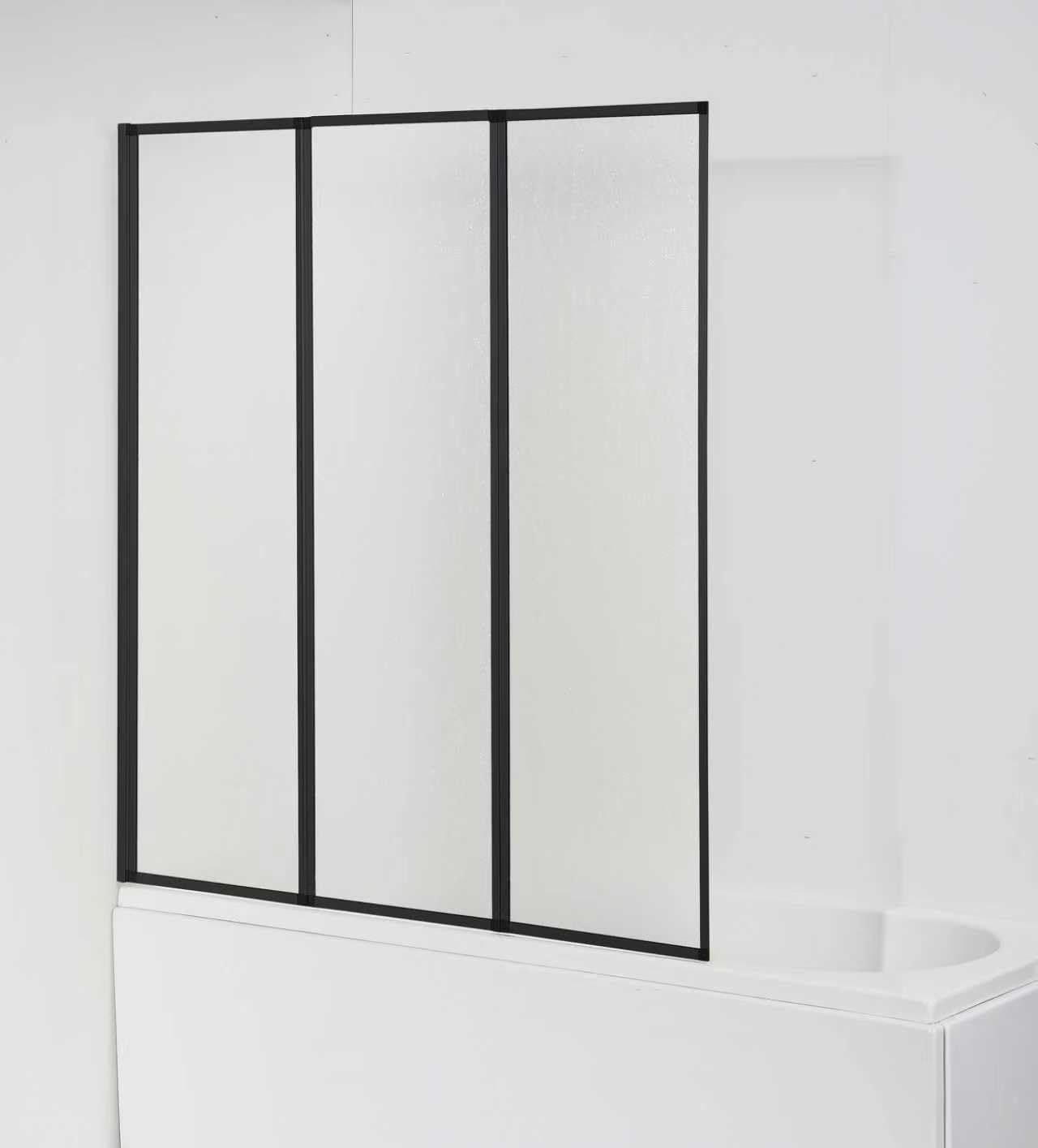 sanicomfort Duschwand für Badewanne MALO 120x140 cm – 3-teilig Faltwand, Kunststoffglas Tropfendekor, Alu-Rahmen, Spritzschutz für Badewanne, beidseitig montierbar, schwarz