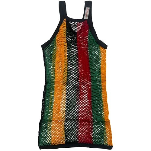 Pendeen Original English Mesh String Vest, Cotton Fishnet Tank Top, Black Red Green Gold Rasta Stripes, Large2