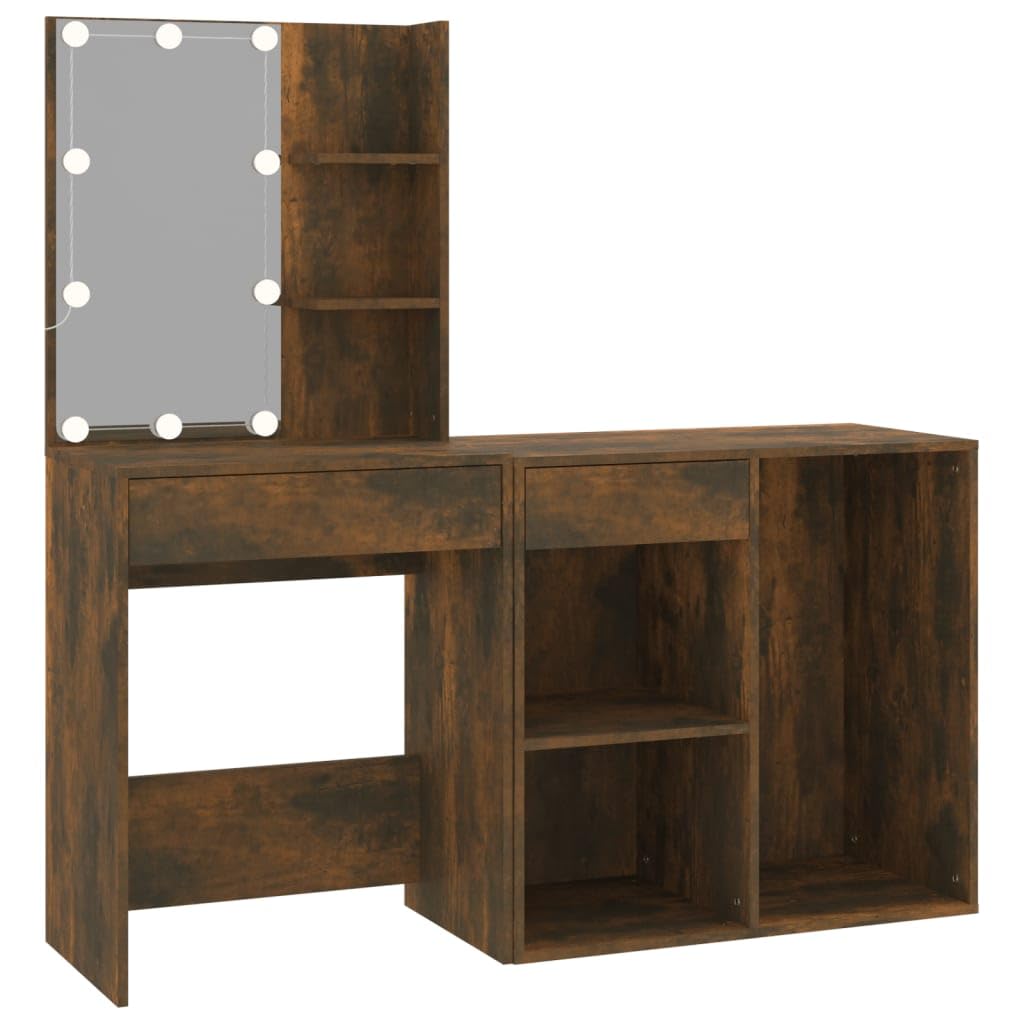 LED-Schminktisch Mit Schrank Räuchereiche Holzwerkstoff | Mit Spiegel, LED-Leuchten USB Anschluss, Warm- Kaltweiß, Stauraum für Make-up