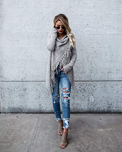 Ceasikery A5037-LGR-3-UK Women'S Tassel Hem Sweater Long Cardigan Knitwer Pullover Poncho Coat Light Gray thumb #3