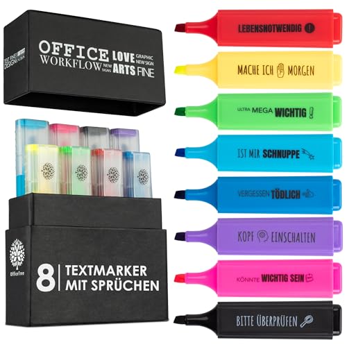OfficeTree 8 Lustige Textmarker Set in Box - Nette Sprüche - Textmarker mit Sprüchen als Lustige Büroartikel für Studenten Lehrer Arbeitskollegen