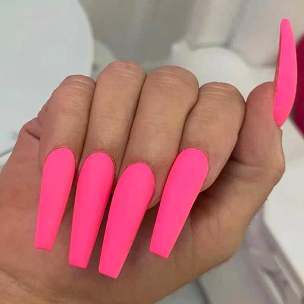 Press on Nails with Nail Glue, Rosy Finch Medium Press on Nails Stick on Nails Coffin Acrylic False Nails Full Cover Fake Nails with Nail Glue Nail File for Women, Hot Pink Matte