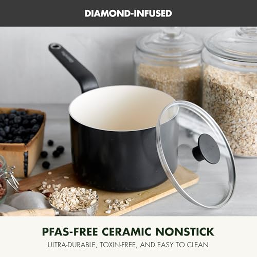 Image of GreenPan Rio Advanced 2QT Saucepan with Lid, Ceramic Nonstick PFAS-Free Pans, Induction Ready, Dishwasher and Oven Safe, Black