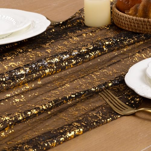 Image of MLMC 3Pcs Black Gold Table Runner Sheer Gauze Glitter Metallic Foil Tulle Table Centerpieces 120 Inch 10 FT for Wedding Anniversary Holiday Dining Home Party Table Decor