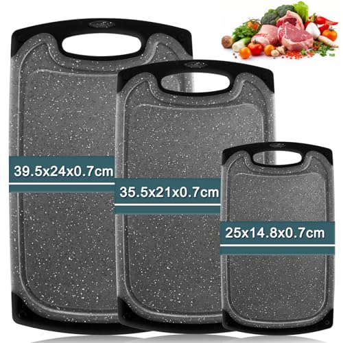 Schneidebrett Kunststoff, Hunnycook 3-teiliges Schneidebrett Set mit Saftschacht und Rutschfestem Silikon, Schwarzes antibakterielles schneidebrett/Plastik-Frühstücksbrett,...