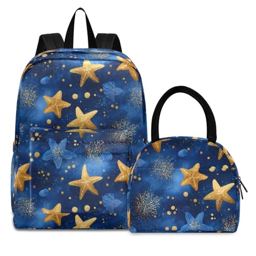 Shining Starfish Print Backpack Set with Lunch Bag, Large Capacity Travel Backpacks and Lunch Box Insulated for Commute Hiking Picnic